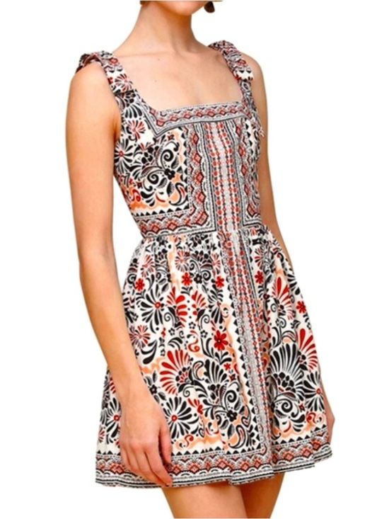 Avec Les Filles Dresses & Skirts - Avec Les Filles Casablanca Tile Linen Blend Bow-Strap Fit & Flare Mini Dress NWT